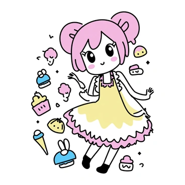 A kawaii-style anime character with large, expressive eyes and pink hair styled in twin tails. She is wearing a frilly, pastel-colored dress adorned with lace and ribbons. Surrounding her are various pastel-colored sweets, including macarons, cupcakes, and candy. Additionally, there are cute toys, such as a plush bunny and a small teddy bear, placed around her. The scene is filled with vibrant colors, emphasizing the playful and whimsical atmosphere.
