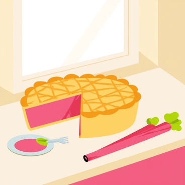 A freshly baked rhubarb pie cooling on a wooden kitchen windowsill. The pie has a golden-brown crust with intricate lattice work on top. A slice is cut out, revealing the vibrant pink filling inside. A small plate with a fork is placed next to the pie. The sun shines through the window, casting soft light onto the pie and the surrounding kitchen. A few rhubarb stalks are laid nearby, emphasizing the pie's main ingredient.