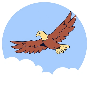A griffon soaring through a bright blue sky with wings spread wide, showcasing detailed feathers in shades of brown and tan. Below the griffon, fluffy white clouds fill the landscape, creating a sense of height and freedom. The griffon's piercing eyes are focused ahead, adding an element of determination to its flight. Sunlight glistens off its wings, enhancing the sense of movement and grace in the air.