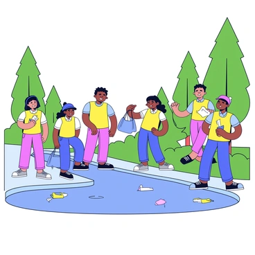 A group of volunteers is gathered by a river in Canada, actively participating in a community cleanup initiative. Some volunteers are wearing bright yellow vests and are holding trash bags filled with collected debris. Others are using grabbers to pick up litter scattered along the riverbank. The river features clear blue water reflecting the surrounding greenery. In the background, there are tall trees and bushes that frame the scene, emphasizing the natural beauty being preserved. Each volunteer displays an expression of determination as they work together to enhance the environment.