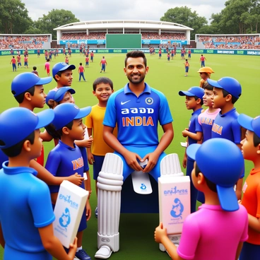 A cricket festival scene featuring "MS Dhoni" interacting with young fans. He is wearing "a blue India cricket jersey" and "white cricket pads." Surrounding him are "excited children wearing cricket gear" and "holding autograph books." The atmosphere is lively, with "colorful flags and cricket equipment" scattered around the venue. MS Dhoni is "smiling and signing autographs" for the eager participants. In the background, there are "banners promoting the cricket festival" and "groups of children playing cricket."