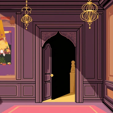 A mysterious secret passage is revealed within the ornate walls of Bangalore Palace. The passage features intricate wooden paneling with dark, rich colors, blending seamlessly into the surrounding structure. Dim light filters through a small, hidden opening, casting shadows that enhance the air of secrecy. The entrance to the passage is partially concealed by a large tapestry depicting historic scenes, adding to the overall intrigue. Nearby, ornate chandeliers hang from the ceiling, further illuminating the passage's entrance and highlighting the craftsmanship of the palace. The atmosphere is filled with a sense of adventure and discovery.