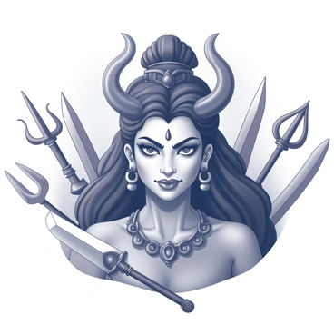 A close-up depiction of the face of "Durga," exuding strength and determination. Her features are strong and striking, with a fierce expression that captures her power. Surrounding her are various weapons, including a "trident" and a "sword," meticulously arranged in a semi-circle around her. Each weapon showcases intricate details and craftsmanship. The background is a subtle blend that enhances her presence without distracting from her formidable visage. The overall composition emphasizes her role as a warrior goddess, highlighting the balance between beauty and strength.