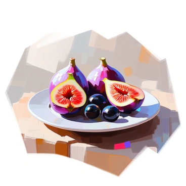 A small round plate is arranged with halved figs, showing their deep purple skin and vibrant red flesh, alongside several glossy black olives. The plate is centered on a rustic wooden table, displaying its natural grain and texture. The surface of the table has a slightly worn appearance, hinting at its age and use. The lighting casts soft shadows, enhancing the rich colors of the figs and olives.