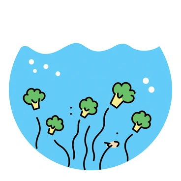 A clear blue ocean scene shows "broccoli stalks" floating beneath the water, resembling "seaweed." The "waves" above create gentle ripples, and small bubbles rise from the broccoli. Sunlight filters through the surface, casting "soft shadows" on the broccoli and illuminating the surrounding water. A few small fish swim near the broccoli, adding life to the underwater scene.