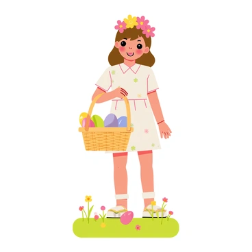 A young girl with brown hair is wearing a colorful flower crown made of pink and yellow daisies. She is smiling as she holds a woven Easter basket filled with vibrant blossoms and brightly colored eggs. The basket features a mix of pastel shades such as blue, green, and lavender. The girl is wearing a light summer dress with floral patterns that match her crown. She stands on a grassy field dotted with wildflowers, with a few eggs scattered around her feet.