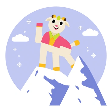 A goat mascot dressed in a vibrant costume with exaggerated features, including large eyes and fluffy horns, stands triumphantly at the peak of a snowy mountain. The background shows a clear blue sky with a few fluffy white clouds. Snowflakes gently fall around the mascot, adding a sense of movement. The mountain is rugged and steep, with patches of snow and rocky outcrops visible. The goat mascot raises one hoof in victory, showcasing its determination and excitement at reaching the summit.