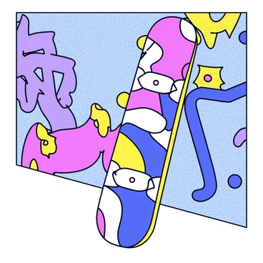 A snowboard with a colorful design leans against a textured wall. The wall is covered in vibrant graffiti art, featuring abstract shapes and bold color splashes. The snowboard is positioned slightly angled, showcasing its elaborate patterns against the gritty backdrop. The environment is urban, highlighting the contrast between the sleek snowboard and the chaotic wall art.