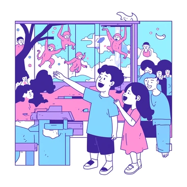 A blue boy and a pink girl are standing together at the zoo, both pointing excitedly at a group of playful monkeys. The boy has short hair and is wearing a bright blue t-shirt, while the girl has pigtails and is dressed in a pink dress with white polka dots. The monkeys are swinging from branch to branch in their enclosure, some hanging upside down while others are playing with each other. In the background, there are various zoo visitors watching the scene with smiles on their faces.