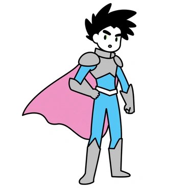 A heroic anime character with spiky black hair stands confidently, wearing a sleek blue and silver armor. The character has a determined expression, with sharp eyebrows and bright green eyes. A flowing red cape billows behind them, contrasting against the armor. The character is posed in a dynamic stance, one fist clenched at their side, the other hand slightly raised as if ready for action. The background is minimalistic, emphasizing the character's strong presence.