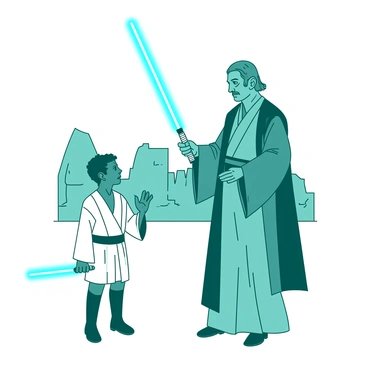 A teal wise Jedi wearing traditional robes stands elegantly with a calm expression, holding a blue lightsaber in an outstretched hand. Beside the Jedi, a young Padawan in a white tunic looks up with a focused gaze, holding a smaller blue lightsaber awkwardly in both hands. The Jedi gestures with the free hand, demonstrating the proper stance and grip. In the background, there are faint outlines of ancient stone structures, suggesting a training ground. The atmosphere is focused on the interaction between the Jedi and the Padawan, highlighting the importance of the lesson.