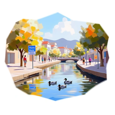 A river flows gently through a town, with clear, reflective water that glimmers under the sunlight. On the banks, there are several signs indicating various sources of pollution, such as "Plastic Waste" and "Chemical Runoff". The river is lined with trees and buildings of the town, showcasing a mix of residential and commercial structures. Some people can be seen walking along the riverbank, observing the signs and the water. A few ducks swim in the river, adding life to the scene, while distant hills provide a backdrop to this urban setting.