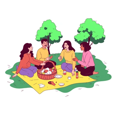 A yellow picnic blanket is spread out on the green grass of the park. A group of friends is sitting on the blanket, each wearing cozy sweaters in various colors. They are laughing and sharing food from a wicker basket that is placed in the center of the blanket. In the background, there are a few trees with vibrant green leaves, providing some shade. There are some scattered plates and cups around them, and a bottle of beverage sits at one corner of the blanket. The atmosphere is lively as they enjoy each other's company.