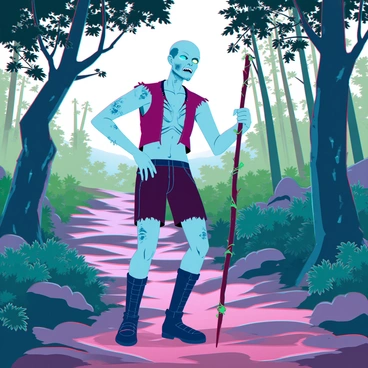 A decaying zombie with pale, mottled skin and tattered clothing is hiking on a rugged dirt trail. Its eyes are sunken and glowing faintly, adding an eerie glow to its appearance. The zombie is holding a gnarled walking stick, which is adorned with vines and moss. Surrounding the trail is a lush forest filled with dense, green foliage, towering trees, and rich underbrush. Sunlight filters through the leaves, casting dappled shadows on the ground. In the background, there are faint sounds of nature, completing the scene of a zombie navigating through a vibrant yet hauntingly beautiful environment.