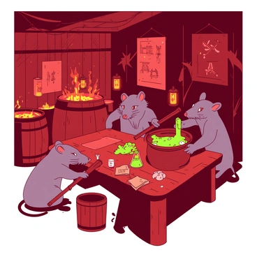 A red skaven brewery is filled with large, wooden barrels, each containing mysterious, bubbling liquids in various shades. Several ratmen, with gray fur and beady eyes, are busily mixing ingredients at a large, wooden table. One ratman is pouring a glowing green liquid from a beaker into a cauldron, while another stirs the mixture with a long wooden spoon. The walls are adorned with various parchments covered in strange symbols and diagrams. Dimly lit lanterns hang from the ceiling, casting flickering shadows across the chaotic yet industrious scene.
