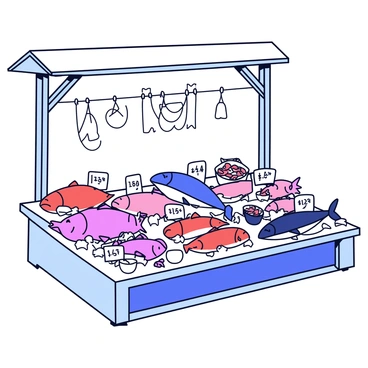 A fish market stall with a wooden structure. The stall is filled with an assortment of fresh fish, including salmon, tuna, and snapper, all displayed neatly on a bed of crushed ice. The fish have their scales glistening under the light. There are price tags attached to each type of fish, and a few small buckets of shrimp and clams are positioned alongside the fish. The background features a simple white wall with some hanging nets and fishing equipment.