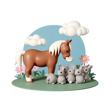 A small pony with a shiny chestnut coat, white mane, and elegant tail, standing on a grassy patch in a lush garden. A group of five curious rabbits with soft fur in varying shades of grey and brown are gathered around the pony. The pony is gently nibbling on a fresh apple slice, while the rabbits are sitting close, their ears perked up and eyes wide with interest. Surrounding them are colorful flowers in full bloom, vibrant greens of the garden foliage, and a blue sky with fluffy white clouds above.