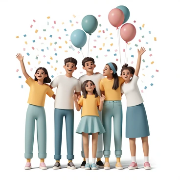 A group of five students, two boys and three girls, are gathered together in a bright, festive classroom. The boys are wearing casual t-shirts and jeans, while the girls are dressed in colorful tops and skirts. They are all smiling widely, expressing their joy. The students are holding a variety of balloons in vibrant colors, such as red, blue, and yellow, which are floating above them. Confetti in multiple shades is falling around them, creating a lively atmosphere. One of the boys is throwing his hands up in excitement, while a girl is hugging a friend beside her. The walls of the classroom are decorated with posters and motivational quotes.