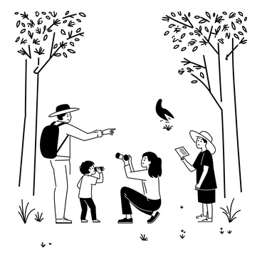 A family of four is hiking along a narrow trail in a dense forest. The father, wearing a wide-brimmed hat and a backpack, is pointing toward a tree with a bird perched on a branch. The mother, dressed in a light jacket and jeans, is kneeling beside their young daughter, who is excitedly looking through binoculars. The son, wearing a t-shirt and shorts, is standing nearby, holding a nature guidebook and looking up at the trees. Surrounding them are tall trees with abundant leaves and various plants scattered along the forest floor.