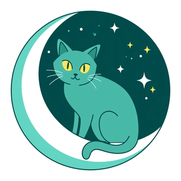 A teal magical cat with glowing yellow eyes is sitting gracefully on a crescent moon. The moon is illuminated, casting a soft light on the surrounding starry night sky. Numerous bright stars twinkle in various formations, creating a sense of wonder around the cat. The fur of the cat shimmers subtly as it gazes into the vastness of the night.