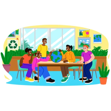 A classroom filled with a variety of indoor plants, including potted ferns and small flowering plants. The walls are decorated with colorful posters depicting various ecological concepts like recycling, animal habitats, and the water cycle. In the center, a group of children, diverse in appearance, are actively engaged in a hands-on activity about ecology. They are examining a globe and discussing it excitedly. Sunlight streams in through large windows, illuminating the vibrant colors of the plants and posters.