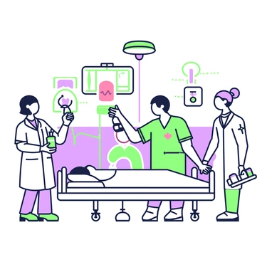 An emergency room scene is depicted with doctors actively engaged in a blood transfusion. In the center, a doctor wearing scrubs is holding a blood bag, carefully connecting it to an intravenous line. Another doctor is monitoring the patient, who is lying on a hospital bed, with vital signs displayed on a nearby monitor. The room is equipped with various medical instruments, including a stethoscope and syringes neatly arranged on a tray. Bright overhead lights illuminate the room, highlighting the urgency of the situation. A nurse is in the background preparing additional supplies, ensuring readiness for any further medical needs.