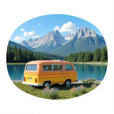A 3D camper van parked by a serene mountain lake