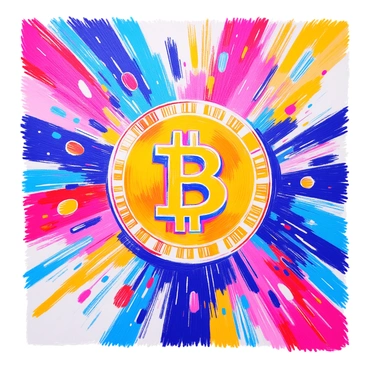 A large canvas displays a bold "Bitcoin" symbol prominently in the center. The symbol is surrounded by an explosion of "vibrant colors" including bright yellows, deep blues, and vivid reds. Swirling patterns and dynamic brush strokes create a sense of movement and energy around the symbol. The colors blend together in some areas, while in others, they maintain their distinct shades, creating a striking contrast. The background features a textured surface that enhances the overall visual impact of the piece.