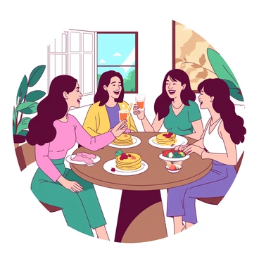 Anjelica is sitting at a circular wooden table enjoying brunch with her friends. She is wearing a trendy outfit that includes a fitted pink blouse and a pair of teal high-waisted pants. The table is set with colorful dishes, including a stack of golden pancakes topped with fresh fruit and a vibrant salad. Her friends are laughing and chatting around her, each adorned in stylish clothing, creating a lively atmosphere. In the background, there are potted plants and sunlight filtering through large windows, enhancing the cheerful vibe of the moment. Anjelica is holding a bright orange drink with a straw, raising it in a toast to her friends.