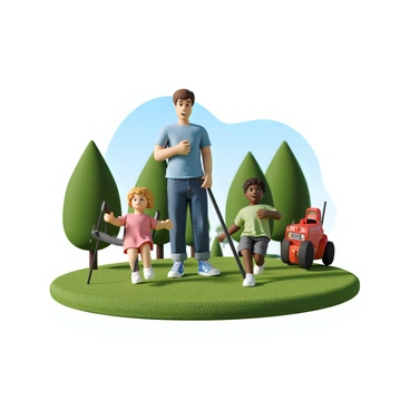 A parent with light skin and short brown hair, wearing a blue t-shirt and jeans, stands on a grassy area in a park. The parent is looking attentively at two children playing nearby. One child is a girl with curly blonde hair, wearing a pink dress and white sneakers, as she swings back and forth on a swing. The other child is a boy with dark skin, wearing a green t-shirt and shorts, running around with a red toy truck. In the background, there are trees and a clear blue sky, creating a lively and playful atmosphere.