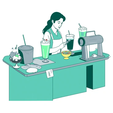A teal vintage soda fountain counter is busy with activity. Behind the counter, a server wearing a classic white apron is skillfully preparing two tall milkshakes in glass cups, one with a cherry on top. Next to the milkshakes, there is a yellow bowl filled with colorful sprinkles, and an open white container of whipped cream awaits on the counter. A small glass dish showing a delicious sundae topped with chocolate sauce and a scoop of vanilla ice cream stands nearby. The countertop is adorned with shiny silver soda fountain equipment, reflecting light, creating an inviting atmosphere.