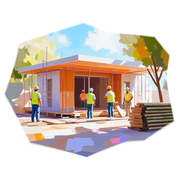 A group of construction workers engaged in the process of building a sustainable office using eco-friendly materials. The workers, dressed in safety vests and hard hats, are focused on assembling the structure made of reclaimed wood and recycled metal. Scaffolding surrounds the site, and large stacks of bamboo and other green materials are visible nearby. Sunlight casts shadows on the ground, highlighting the workers as they collaborate on this environmentally conscious project. In the background, trees and greenery frame the construction site, emphasizing the connection to nature.