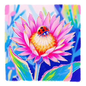 A "ladybug" with bright red wings and distinctive black spots is perched on a "protea flower" with large, spiky pink petals and a fuzzy center. The flower is displaying its vibrant green leaves that contrast with the vivid colors of the petals. The ladybug's rounded body glistens in the light, creating a focal point on the flower. The background includes blurred hints of additional greenery, emphasizing the lushness of the setting.