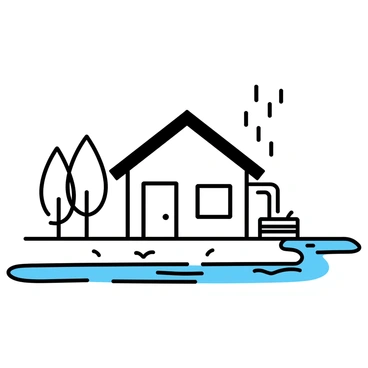 A simple house with a sloping roof, positioned in the center of the image. The roof has visible rainwater collection systems, including gutters and downspouts, directing water into a large barrel beside the house. Light rain is falling, creating small ripples on puddles around the house. The scene is set in a grassy area with a few trees in the background, and the overall atmosphere suggests a tranquil moment during rainy weather.