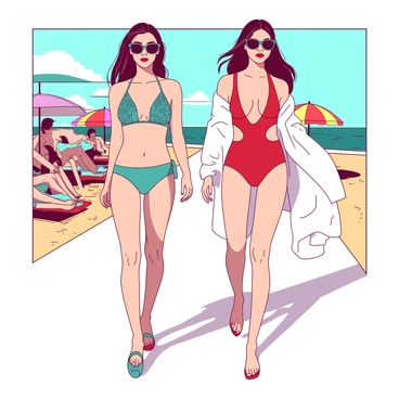 Two models are walking confidently down a makeshift runway on a sandy beach. The first model is wearing a stylish teal bikini with intricate cut-out designs, and she is showcasing a pair of oversized sunglasses. The second model is wearing a vibrant red one-piece swimsuit with a high neckline, paired with a loose white beach cover-up that flows gently in the breeze. Behind them, colorful beach umbrellas and sunbathers add to the lively atmosphere. The sun is shining brightly, casting shadows on the sand as the models pose playfully for an imaginary audience.