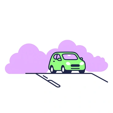 A car is driving cautiously through thick fog. The headlights are on, illuminating the path ahead. The vehicle is a compact sedan with a sleek design, and its body is streamlined. Surrounding the car, the fog appears dense, creating an atmospheric effect. The road is barely visible, with only faint outlines of lane markings discernible through the mist. The scene is tranquil, emphasizing the isolation created by the heavy fog.