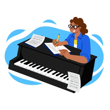A musician with curly hair is sitting at a shiny black piano, deeply focused on writing music notes in a notebook. The pianist wears a casual blue shirt and glasses. Scattered around the piano are various sheets of music, some neatly stacked while others are crumpled, revealing different compositions. A soft light illuminates the scene, highlighting the keys of the piano and casting gentle shadows on the sheets. The musician's expression shows intense concentration as they jot down notes with a pencil.