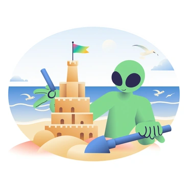 An extraterrestrial being with green skin and large black eyes is building an elaborate sandcastle on a sunny beach. The sandcastle has multiple towers and intricate designs, showcasing flags made of brightly colored fabric at the top. The ET is using a small blue plastic shovel, and its long fingers are carefully sculpting the details of the sandcastle. In the background, the ocean waves are gently lapping against the shore, and a few seagulls are flying in the clear blue sky. Sunlight casts soft shadows on the sand, highlighting the textures of the sandcastle.