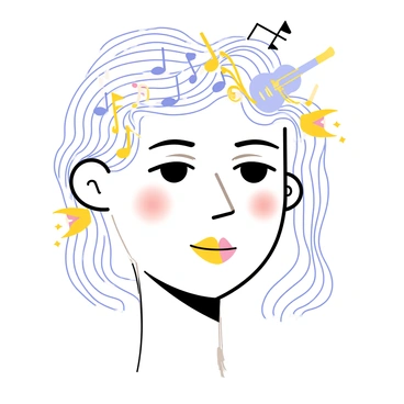 A detailed face with features defined by flowing lines and curves. The face is composed of various musical notes, including quarter notes and eighth notes, intertwining throughout the facial structure. Different musical instruments, such as a trumpet, a guitar, and a violin, are integrated into the hair and surroundings. Each instrument appears to blend seamlessly with the facial features, creating a harmonious design. The eyes are outlined with treble clefs, while the mouth is shaped as a melodic scale. The overall composition conveys a sense of rhythm and harmony.