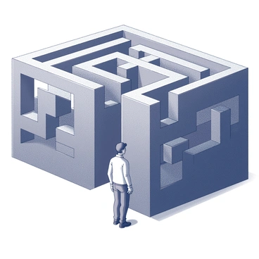 A person standing at the entrance of a labyrinth, surrounded by towering walls made of intricate patterns. The labyrinth's paths twist and turn, creating a sense of confusion and challenge. The individual appears contemplative, with a furrowed brow, as they prepare to move deeper into the maze. Shadows loom over certain parts of the labyrinth, adding to the feeling of complexity. The structure of the maze is detailed, with small openings and turns that suggest various routes to choose from.