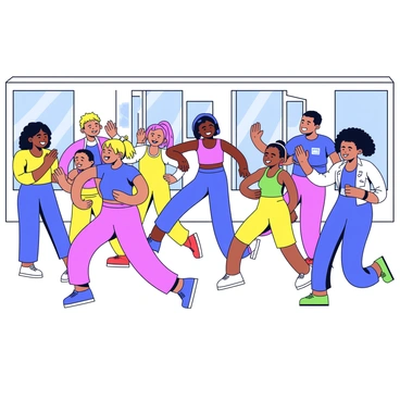 A Zumba class in session with a diverse group of people dancing. The participants include individuals of various ages, from children to seniors, all moving energetically. The room is filled with colorful workout attire, creating a lively atmosphere. In the front, an instructor leads the class with enthusiastic movements and a big smile. The background shows a bright studio space with mirrors reflecting the joyful expressions of the dancers.