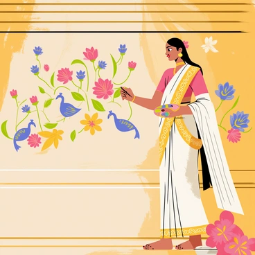 A depiction of "Saraswati," the Hindu goddess of knowledge and arts, is shown painting colorful murals on the walls of an ancient temple. She is dressed in a flowing white sari adorned with intricate gold patterns. Around her, vibrant murals of lotus flowers, peacocks, and musical instruments are emerging on the stone walls. The temple features ornate carvings and intricate stonework, with warm sunlight illuminating the scene. "Saraswati" holds a paintbrush in one hand and a palette in the other, while a serene expression graces her face as she focuses on her art.