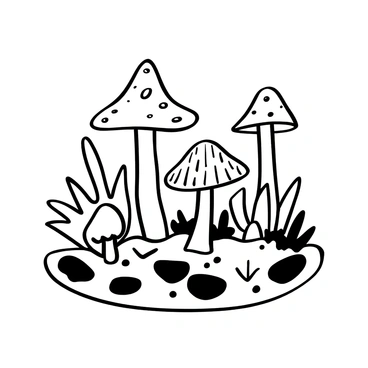 A patch of mushrooms with various shapes and sizes growing on the forest floor surrounded by fallen leaves and small twigs. The mushrooms have distinct patterns on their caps and vary in height. They are nestled among patches of moss and scattered stones, with the texture of the forest floor visible underneath.