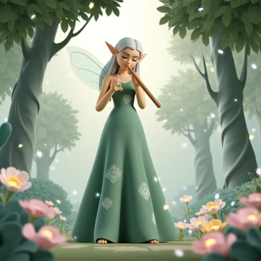 A mystical elf in an enchanted forest, playing a magical tune on a wooden flute