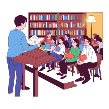 An author with short brown hair is standing in front of a small wooden podium, reading from their book. They are dressed in a blue sweater and jeans, holding an orange book open at eye level. The audience is seated on wooden chairs, with a mix of young adults and older members, all focused on the author. Bookshelves filled with books are visible in the background, creating a cozy atmosphere. A warm light from a nearby lamp highlights the author and their book.