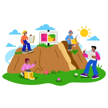 A group of four children playing near a normal dip slip fault. Two children are climbing on the exposed rock formations, while another is reading an educational sign that explains the fault's features. The sign features colorful illustrations and text, making it easy to understand. The fourth child is drawing in a notebook, capturing the scene. The landscape around them includes lush green grass and scattered wildflowers, complementing the geological features. The sun is shining brightly, casting playful shadows.