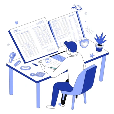 An artist is seated at a wooden desk, focused on illustrating the art of bookkeeping. The desk is cluttered with multiple ledgers open to various pages, showing intricate details of financial entries. Around the ledgers, there are whimsical doodles and sketches that complement the bookkeeping theme, such as calculators, coins, and graphs. The artist is holding a fine-tipped pen, adding the final touches to the illustrations on the pages. A potted plant sits in the corner of the desk, adding to the creative atmosphere.