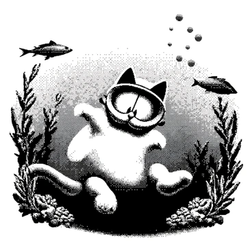 A cartoon cat resembling "Garfield" is wearing a snorkel. He is floating underwater, surrounded by various fish. The cat has a plump body and distinctive markings. The fish around him are swimming in different directions, showcasing unique shapes and sizes. The underwater environment includes detailed textures of the ocean floor and plants swaying gently in the water. Bubbles are rising from the cat's snorkel, creating a lively atmosphere in the scene.