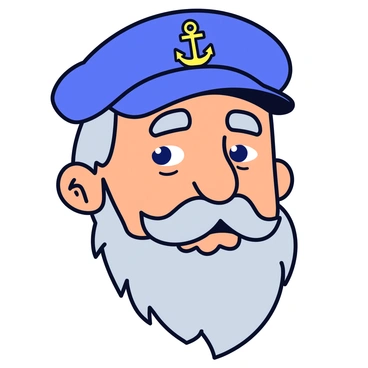 A close-up sketch of a weathered sailor's face. The sailor has a rugged, sun-kissed complexion with deep lines etched around his eyes and mouth. His beard is full and gray, peppered with hints of white, giving him a distinguished appearance. Atop his head is a navy blue cap, slightly askew, with the emblem of an anchor on the front. His steely blue eyes reflect a life spent at sea, and his expression holds a sense of adventure and resilience. The background is simple, allowing the focus to remain on the sailor's features.