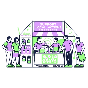 A vibrant market scene filled with various merchandise being sold. In the foreground, a vendor stands behind a colorful table displaying a range of items. On the table, there are "support" buttons and "opposition" signs prominently featured. Nearby, a group of people, some dressed in casual clothing, browses the merchandise, engaging in conversations. A large banner hangs above the market entrance, with bold lettering stating "Support Local Actions". To the side, a small display showcases handmade crafts that also reflect the themes of support and opposition. The background features market stalls lined with various goods, creating a lively atmosphere.